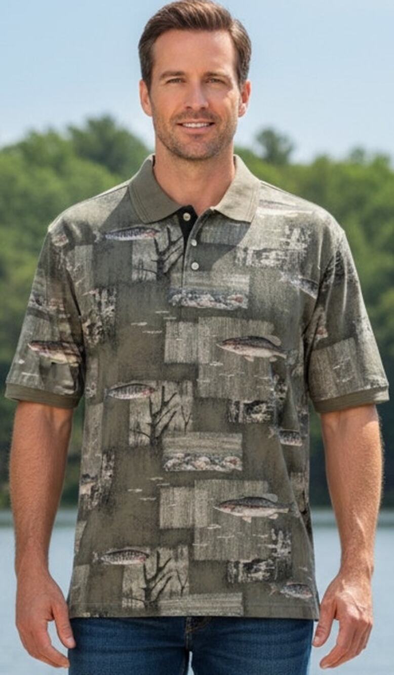 Vintage Puritan Men's Large Green/ Brown Trout Fish Dad Outdoor Polo Shirt